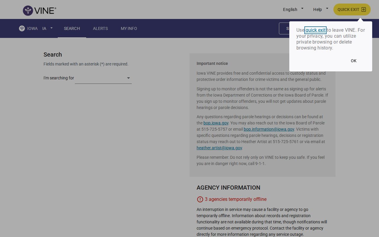 Blank VINELink Iowa person search form and custody filters