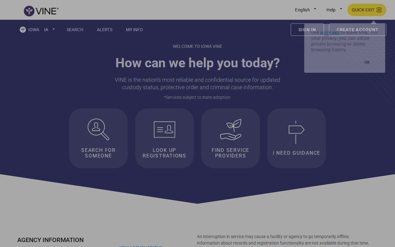 VINELink Iowa selection screen for Palo Alto County arrest custody checks