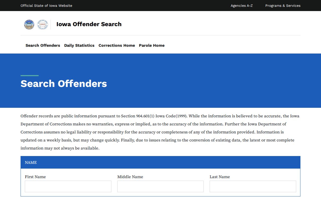 Iowa DOC search fields for Palo Alto County arrest and state custody records