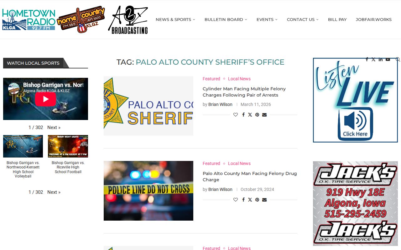 KLGAZ Palo Alto County arrest news post dates and coverage